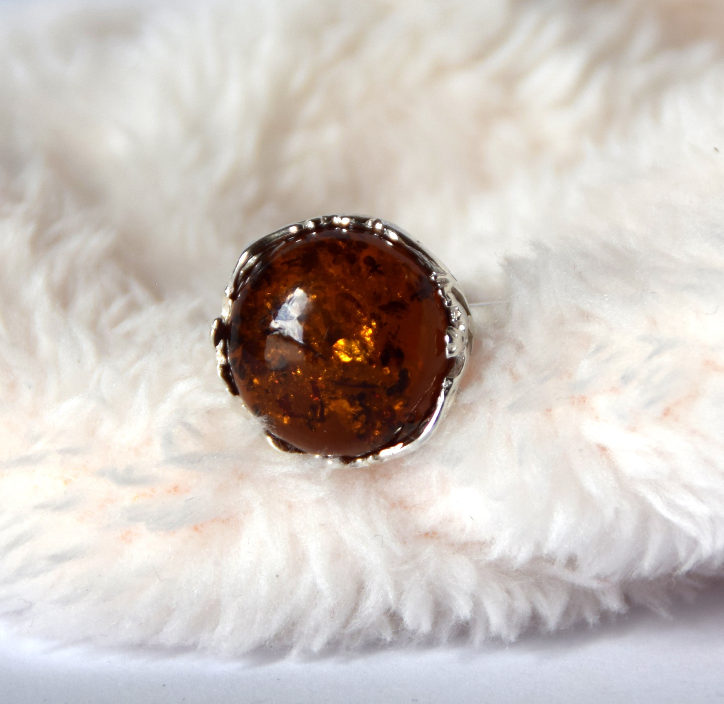 MJ Baltica, ring, natural Baltic amber, 925 silver, adjustable, handcrafted, cognac amber, filigree, BP116