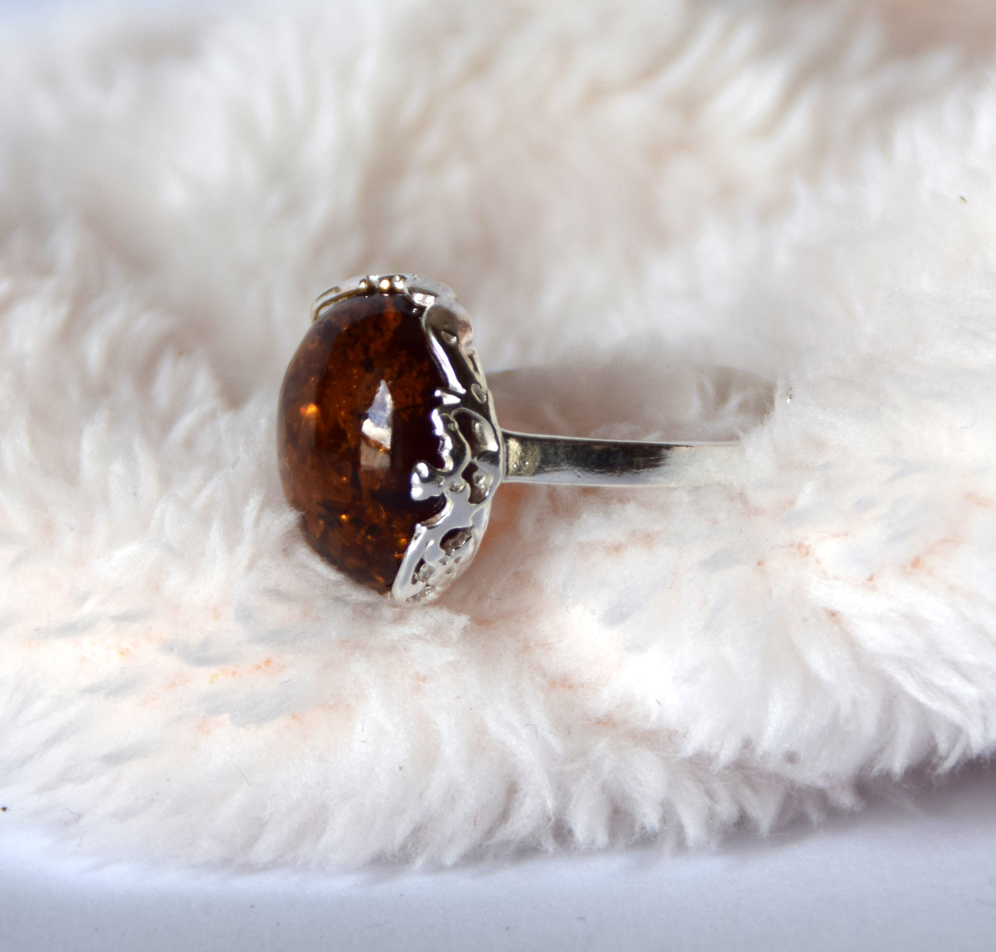 MJ Baltica, ring, natural Baltic amber, 925 silver, adjustable, handcrafted, cognac amber, filigree, BP116