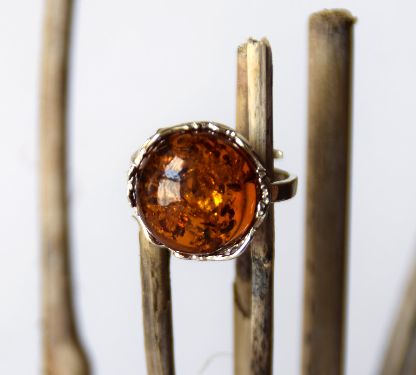 MJ Baltica, ring, natural Baltic amber, 925 silver, adjustable, handcrafted, cognac amber, filigree, BP116