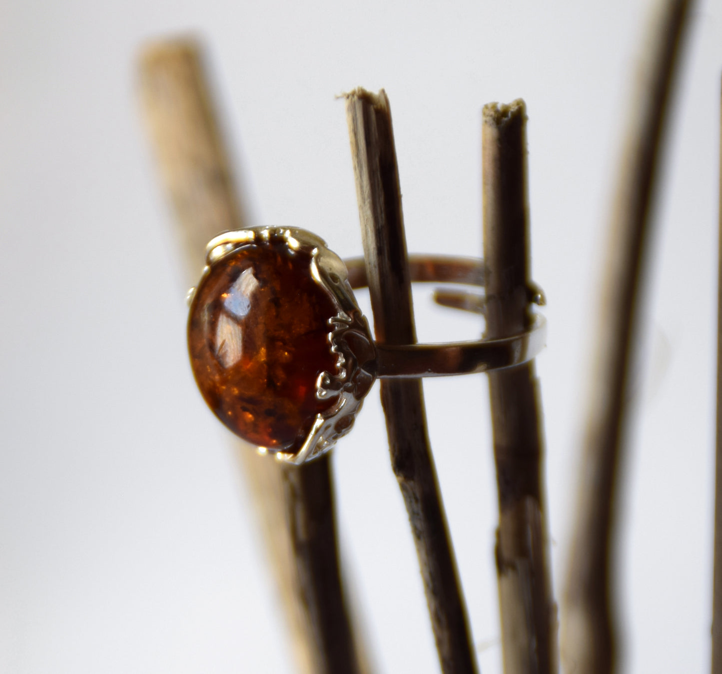 MJ Baltica, ring, natural Baltic amber, 925 silver, adjustable, handcrafted, cognac amber, filigree, BP116