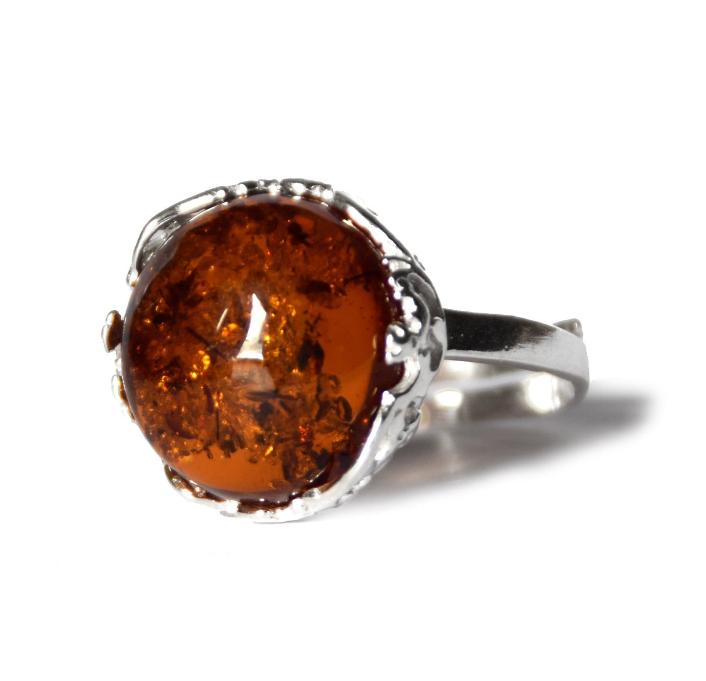 MJ Baltica, ring, natural Baltic amber, 925 silver, adjustable, handcrafted, cognac amber, filigree, BP116