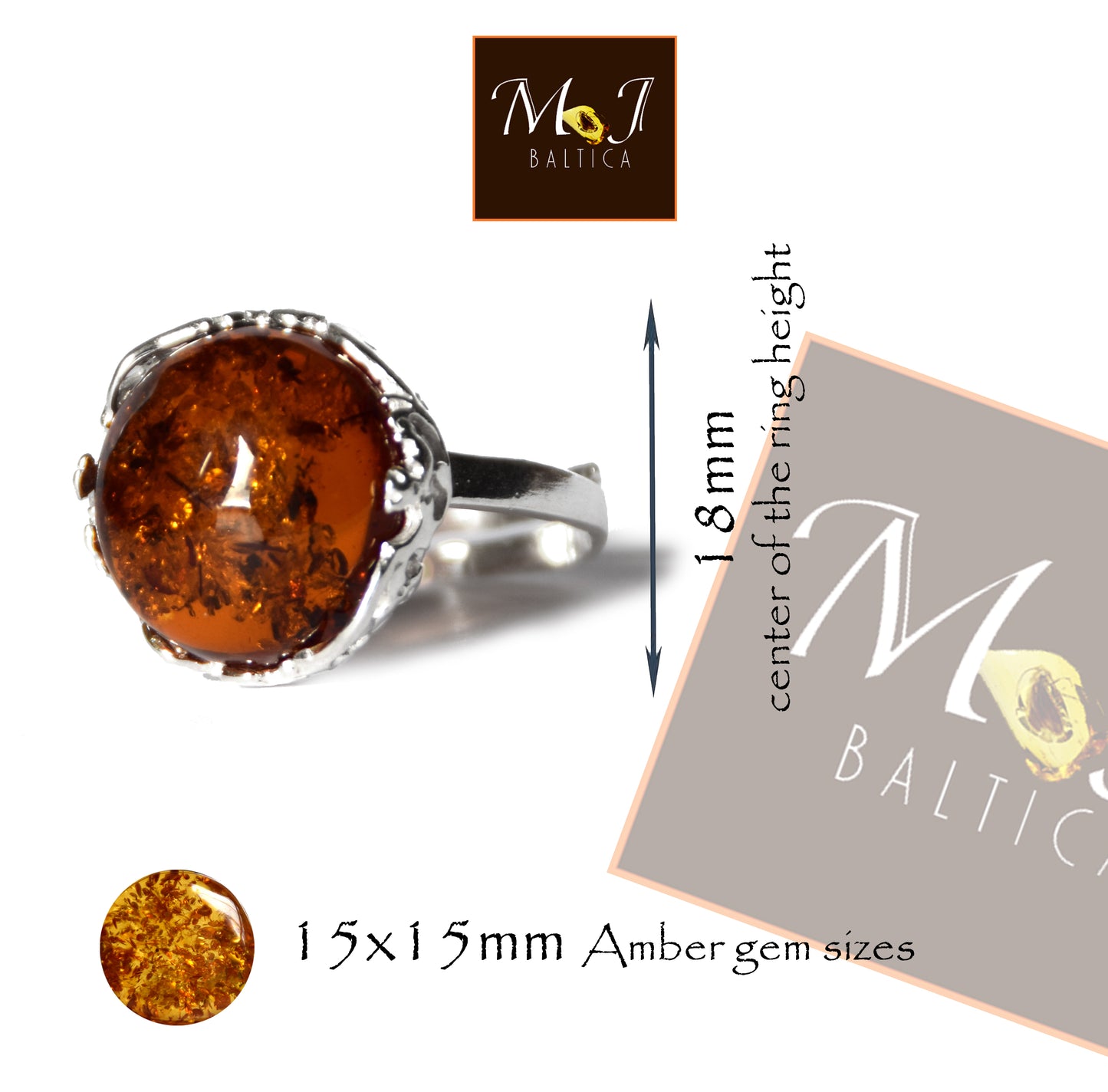 MJ Baltica, ring, natural Baltic amber, 925 silver, adjustable, handcrafted, cognac amber, filigree, BP116