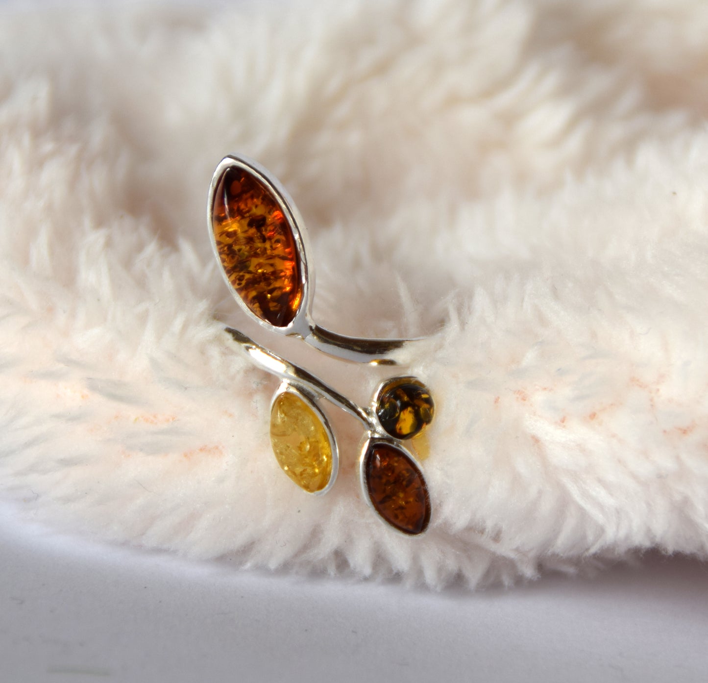 MJ Baltica, ring, natural Baltic Amber, 925 Silver, beautiful, adjustable, flowers, mixed colors BP117