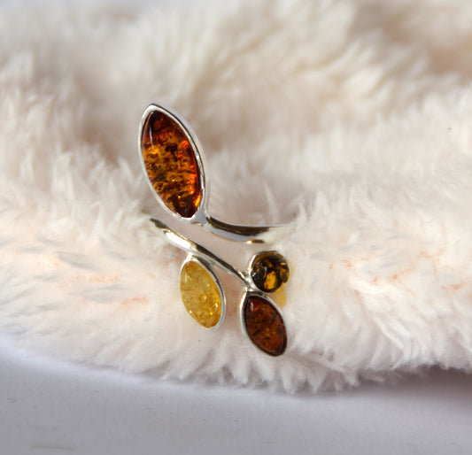 MJ Baltica, ring, natural Baltic Amber, 925 Silver, beautiful, adjustable, flowers, mixed colors BP117