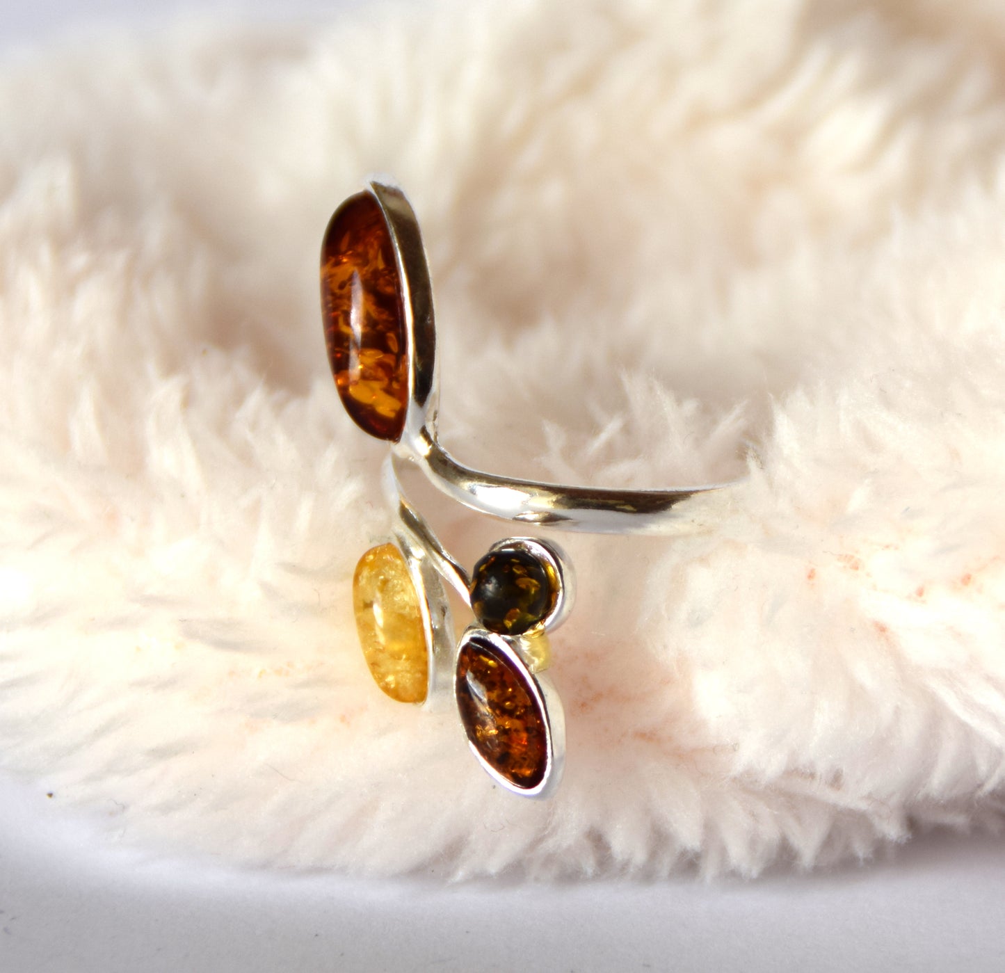 MJ Baltica, ring, natural Baltic Amber, 925 Silver, beautiful, adjustable, flowers, mixed colors BP117