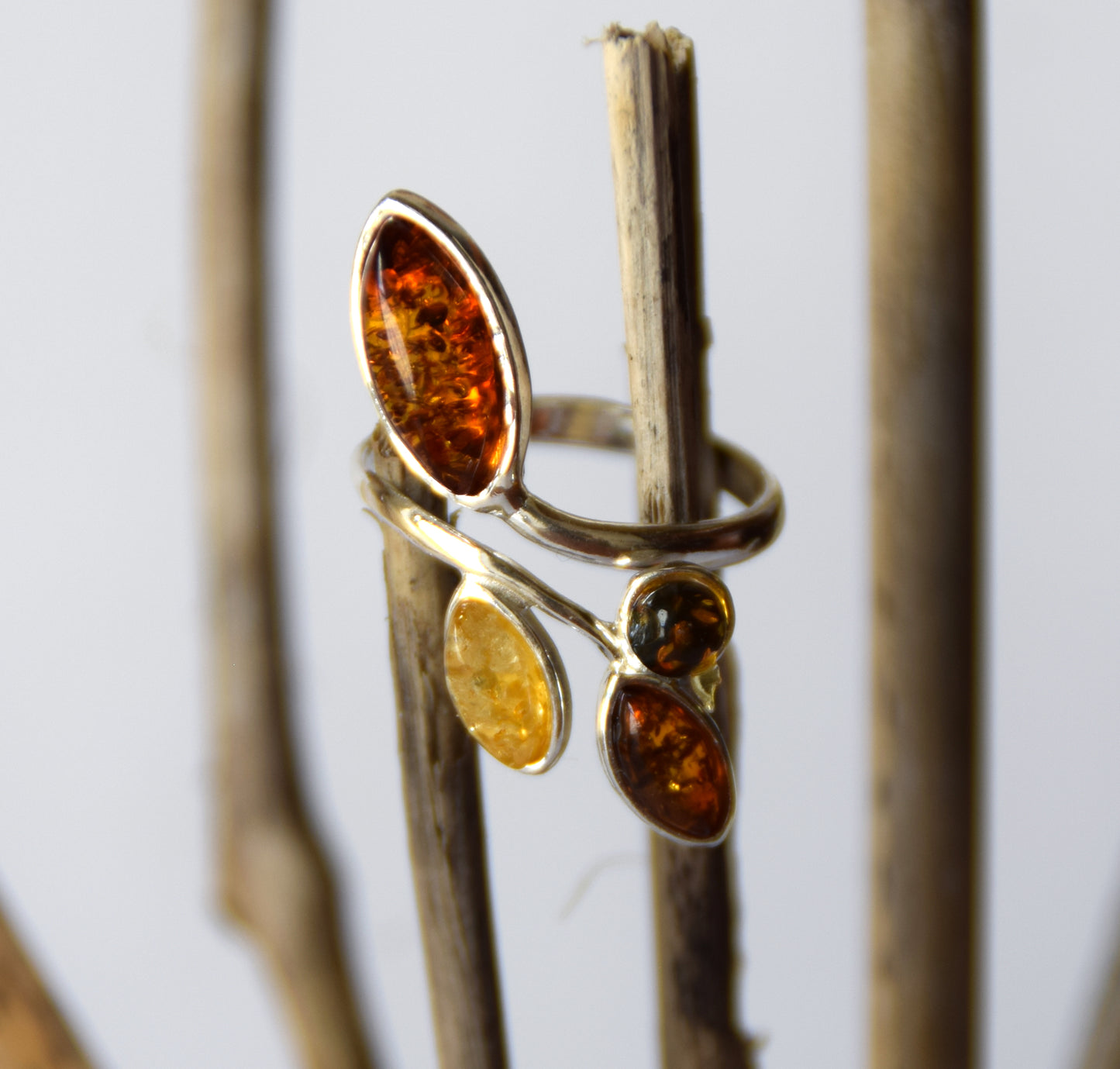 MJ Baltica, ring, natural Baltic Amber, 925 Silver, beautiful, adjustable, flowers, mixed colors BP117