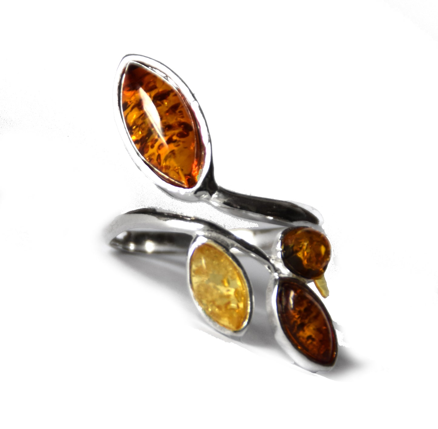 MJ Baltica, ring, natural Baltic Amber, 925 Silver, beautiful, adjustable, flowers, mixed colors BP117