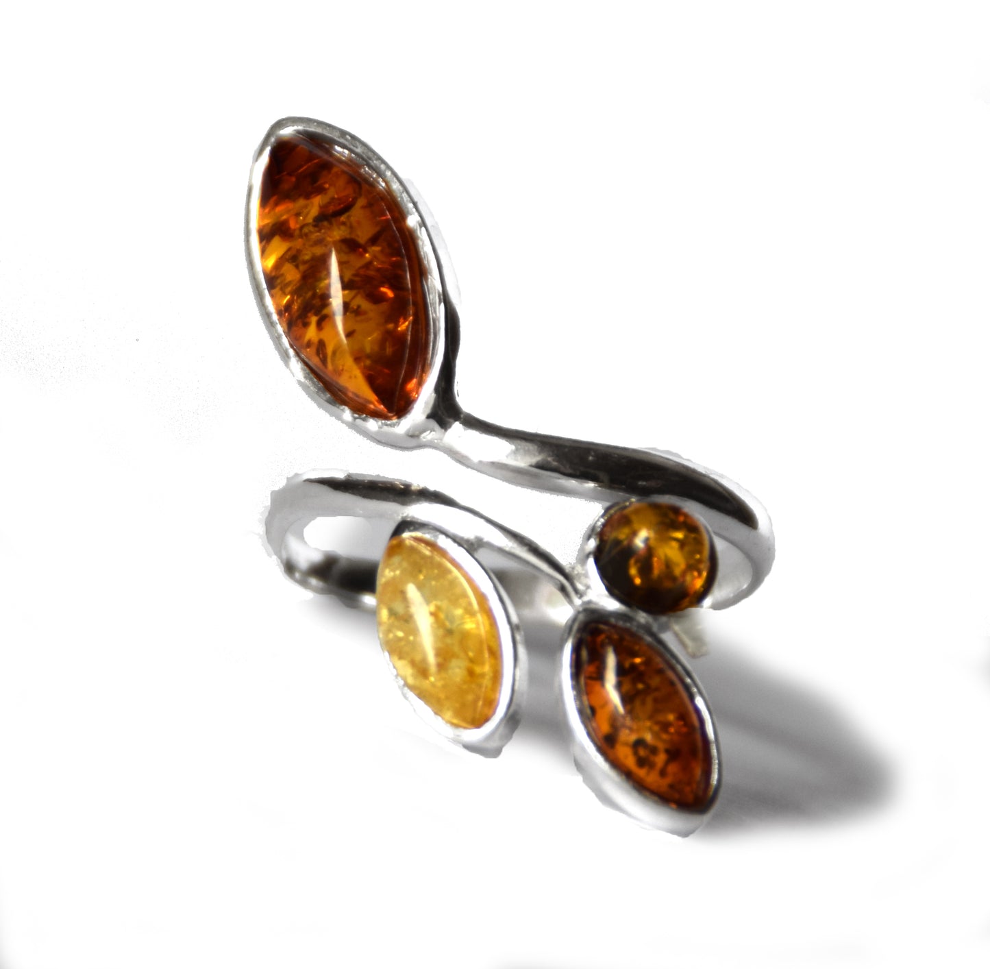 MJ Baltica, ring, natural Baltic Amber, 925 Silver, beautiful, adjustable, flowers, mixed colors BP117