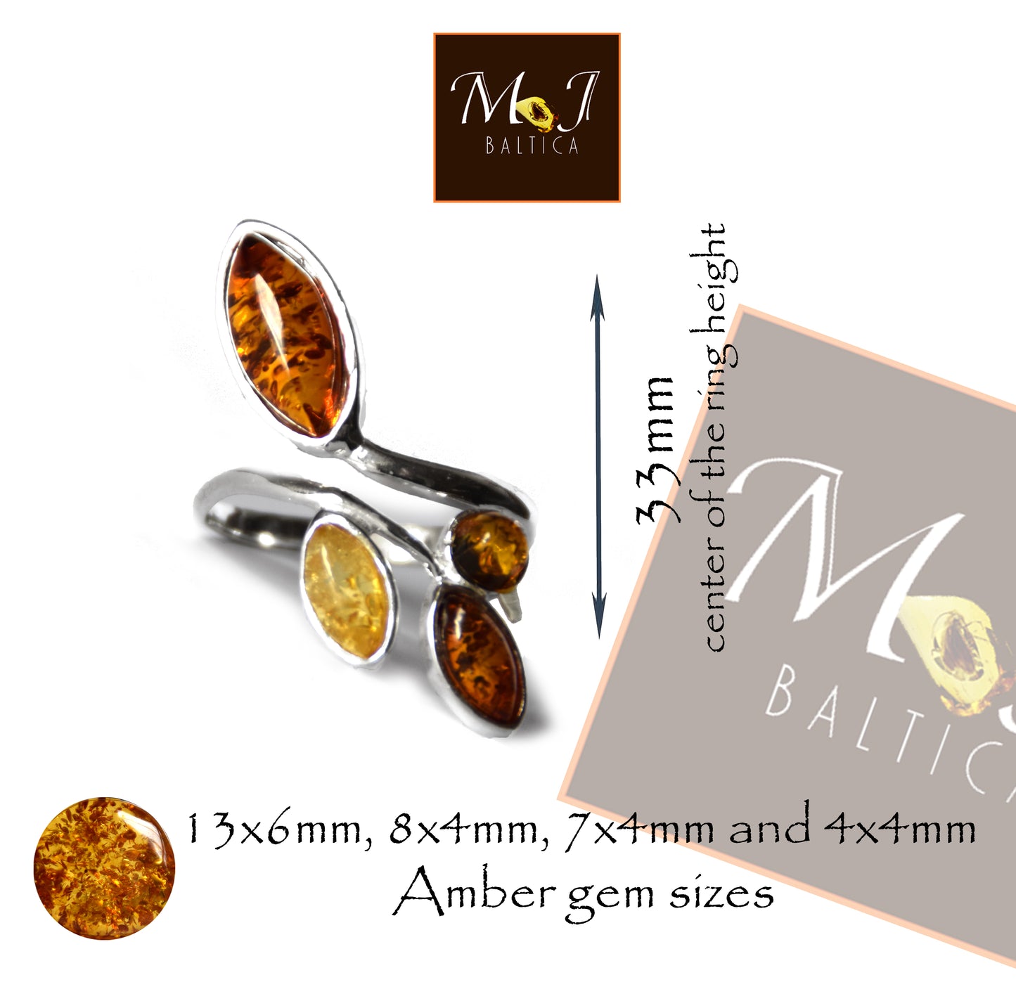 MJ Baltica, ring, natural Baltic Amber, 925 Silver, beautiful, adjustable, flowers, mixed colors BP117