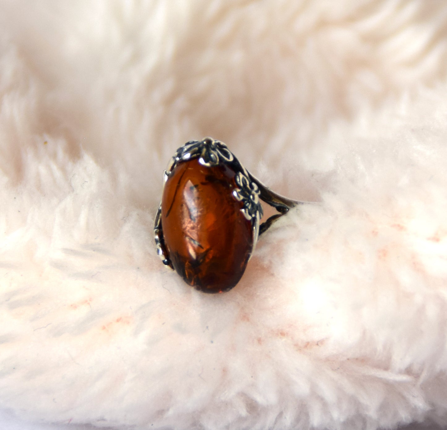 MJ Baltica, ring, natural Baltic amber, 925 silver, adjustable, handcrafted, cognac amber, filigree, BP118