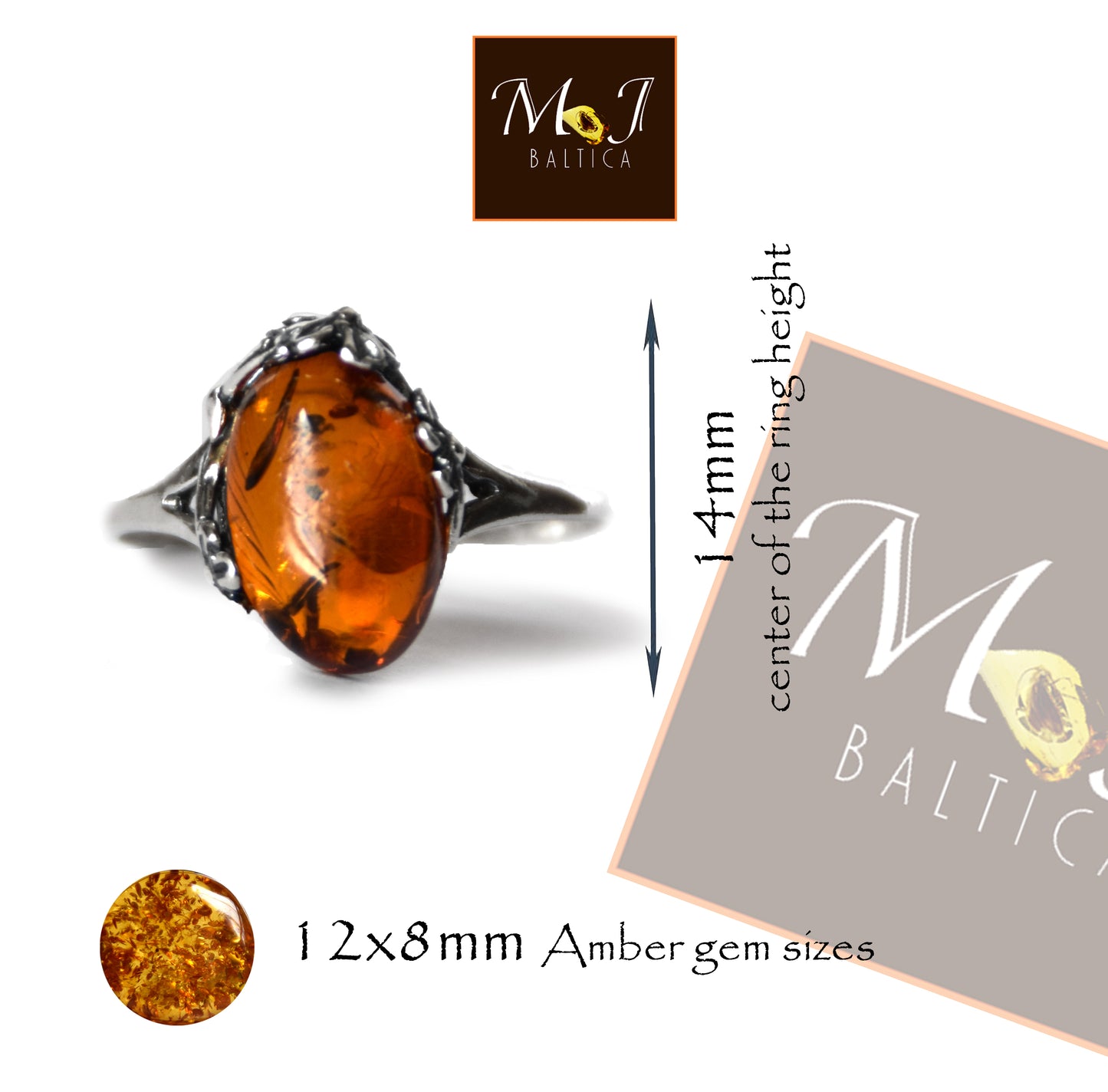 MJ Baltica, ring, natural Baltic amber, 925 silver, adjustable, handcrafted, cognac amber, filigree, BP118