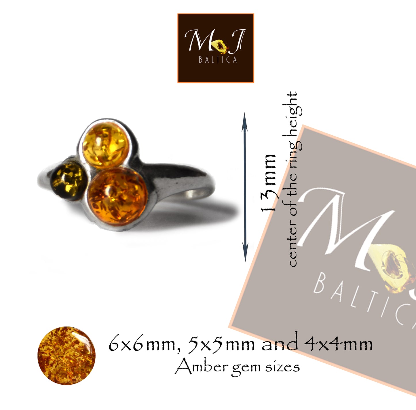 MJ Baltica, ring, natural Baltic Amber, 925 Silver, handcrafted, multicolored, luminous BP120