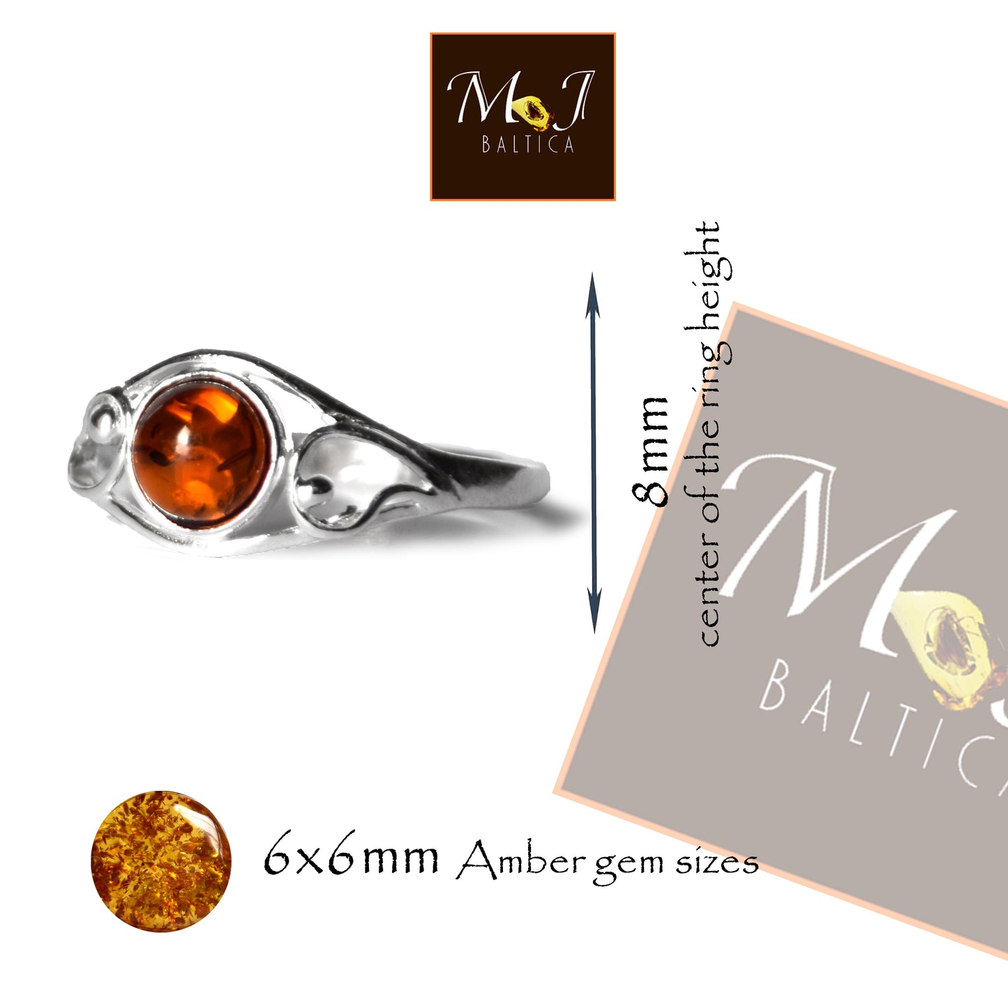 MJ Baltica, ring, natural Baltic Amber, 925 Silver, handcrafted, oval, luminous, delicate, BP121