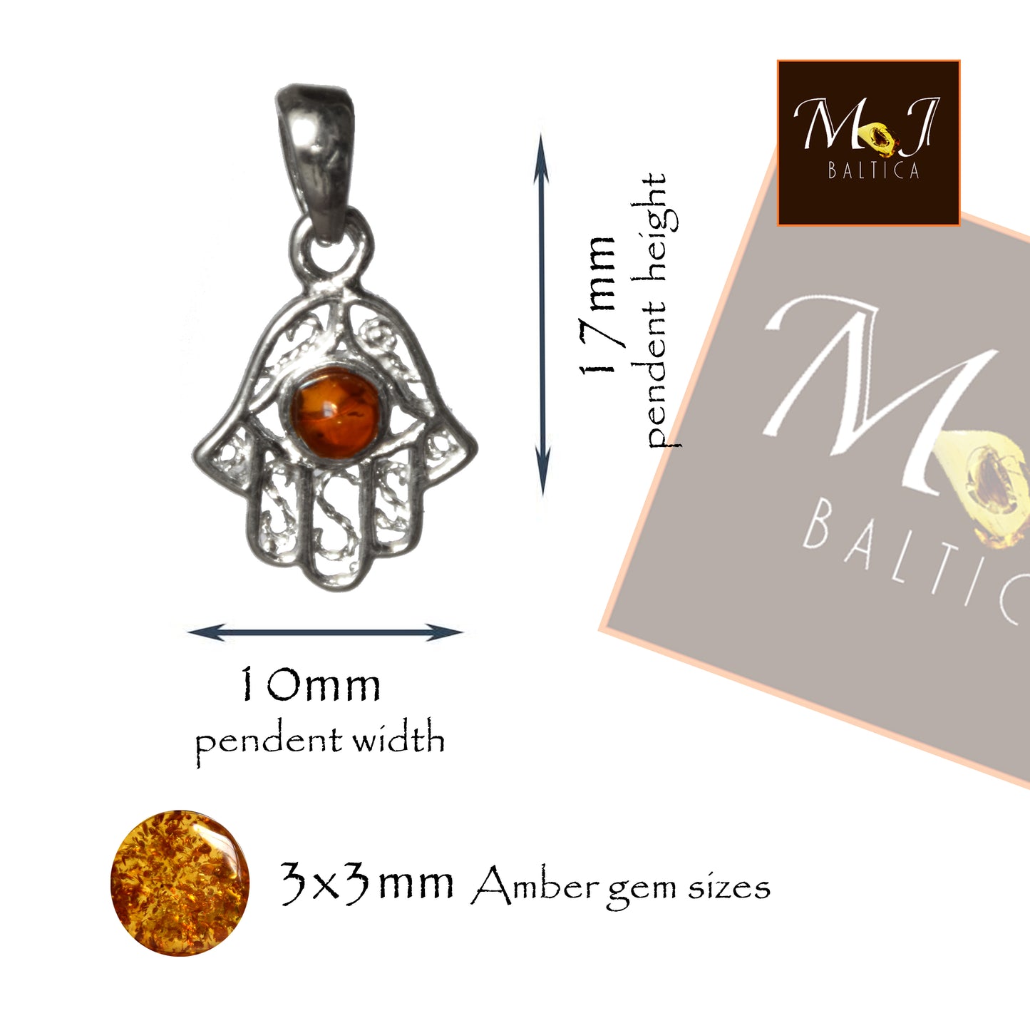 MJ Baltica, pendant, natural Baltic amber, 925 silver, hand of fatima, handcrafted, sweet, BW139