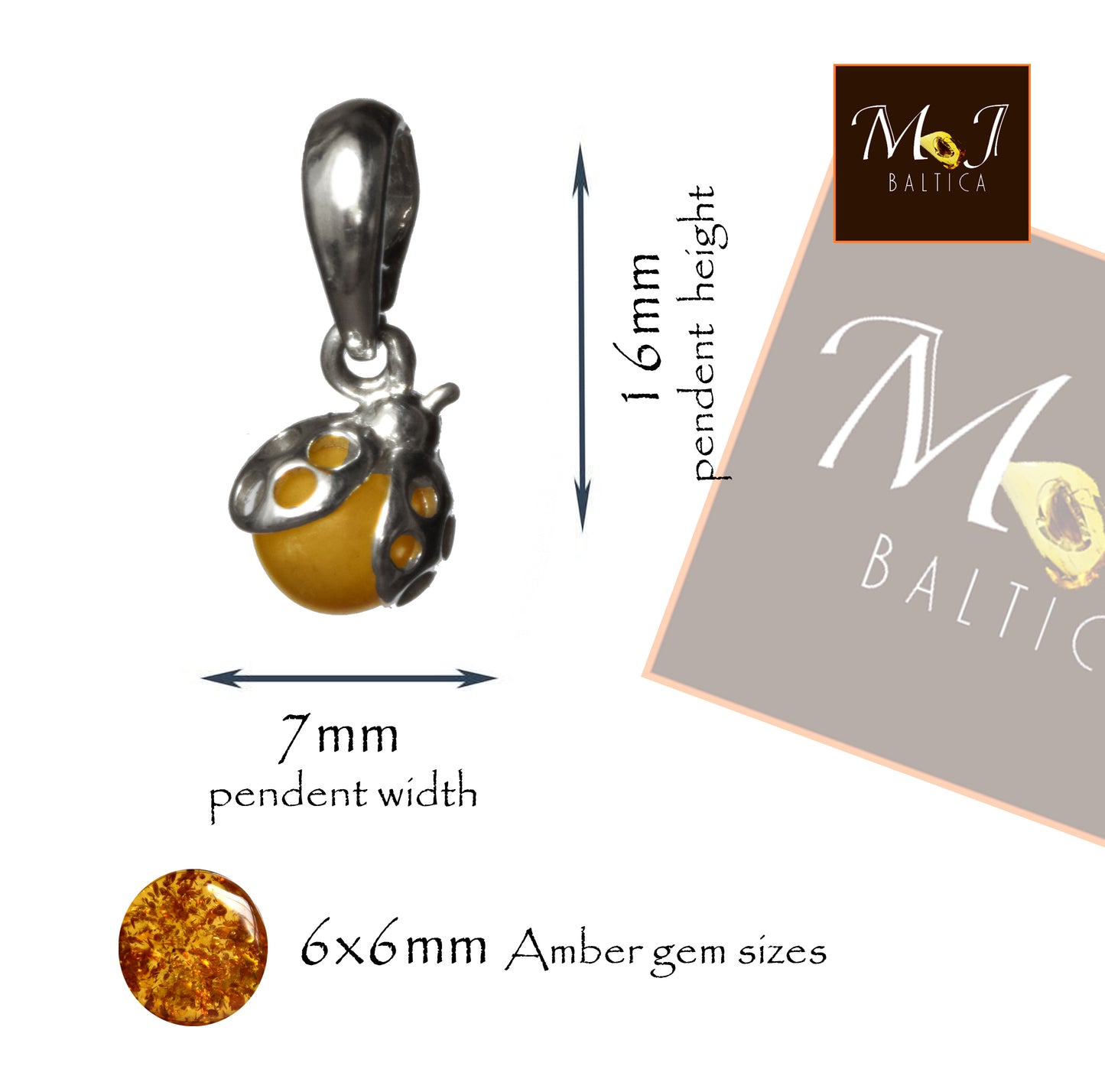 MJ Baltica, pendant, natural Baltic amber, 925 silver, ladybug, handcrafted, sweet, imperial amber, BW140