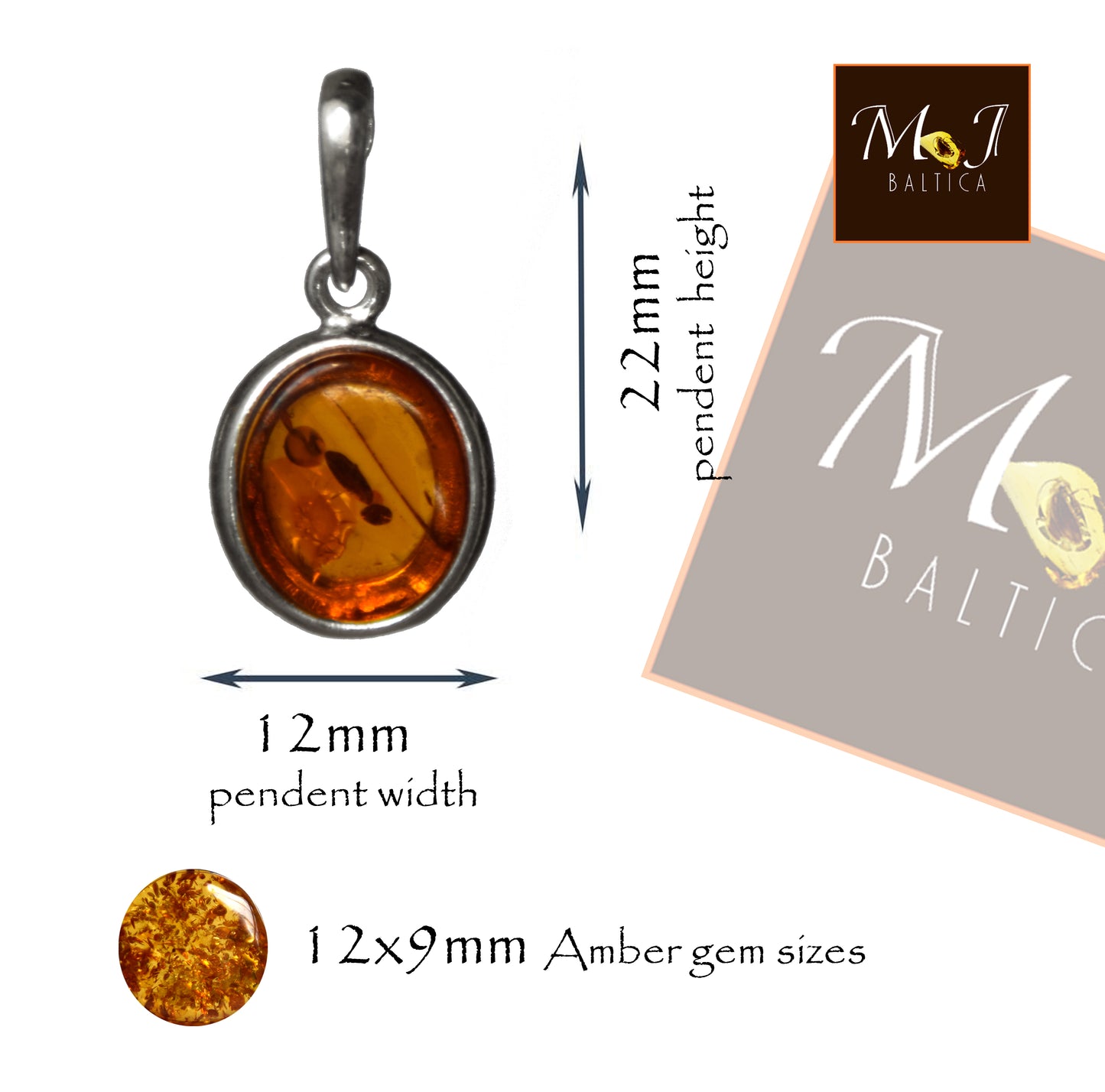 MJ Baltica, pendant, natural Baltic amber, 925 silver, oval, handcrafted, delicate, BW141