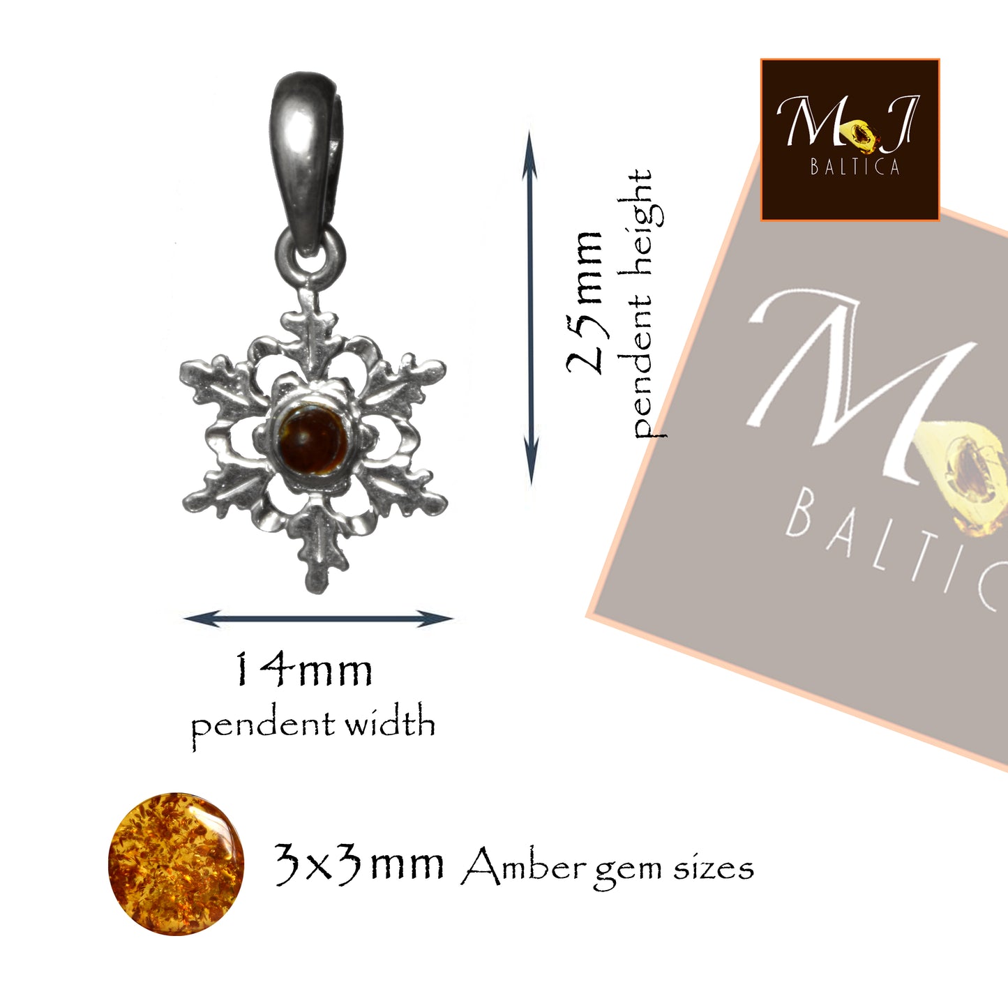 MJ Baltica, pendant, natural Baltic amber, 925 silver, snowflake, handcrafted, delicate, BW142