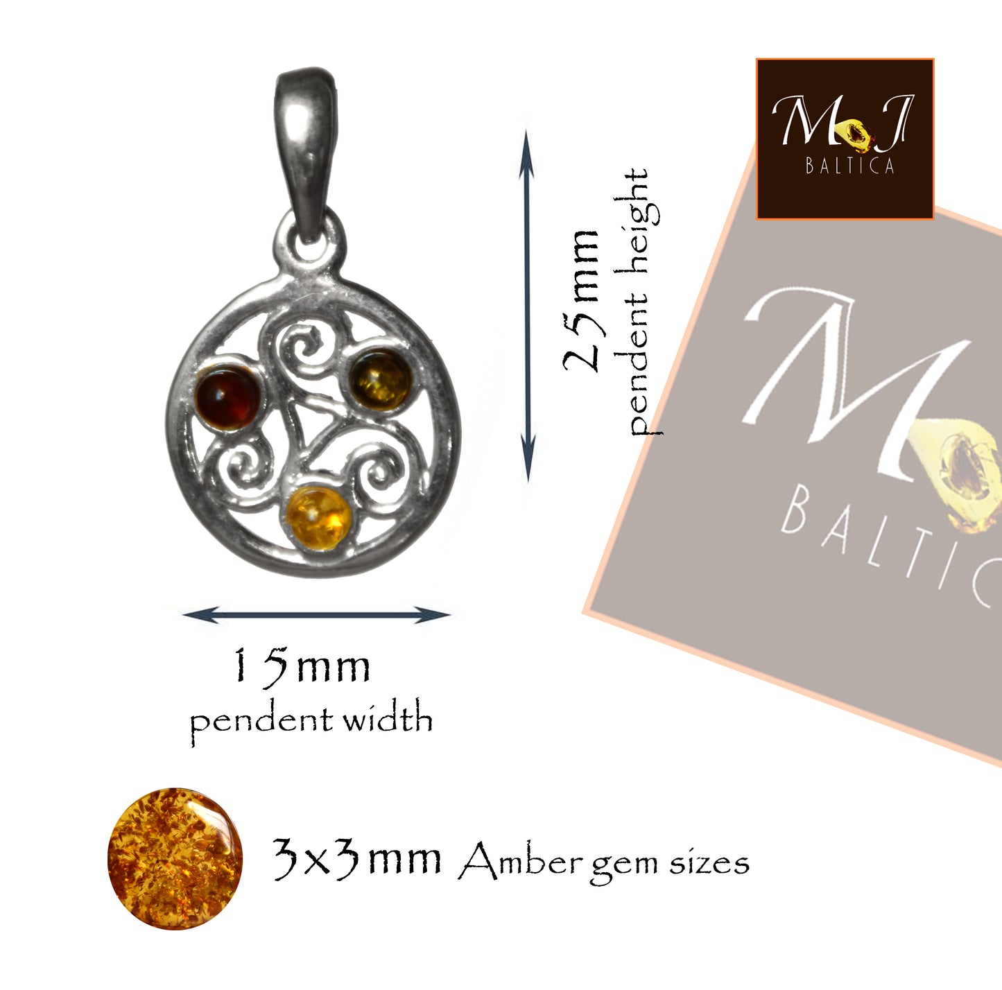 MJ Baltica, pendant, natural Baltic amber, 925 silver, triskeles, handcrafted, delicate, BW144