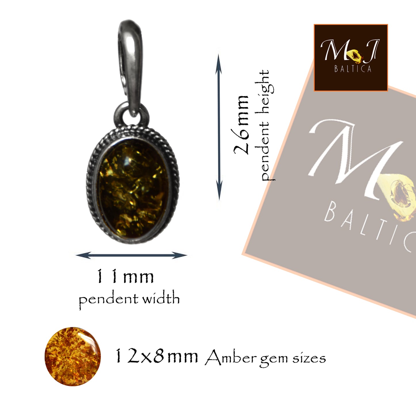 MJ Baltica, pendant, natural Baltic amber, 925 silver, oval, vintage, handcrafted, delicate, BW145