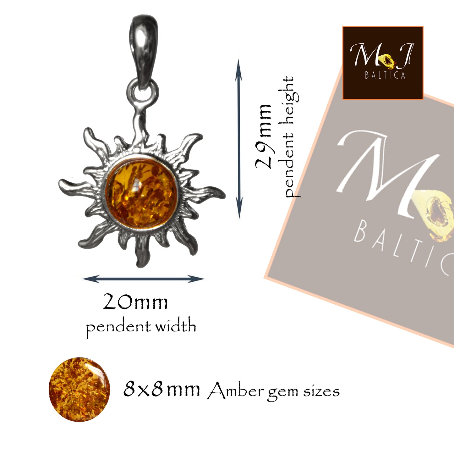 MJ Baltica, pendant, natural Baltic amber, 925 silver, sun, handcrafted, delicate, BW146