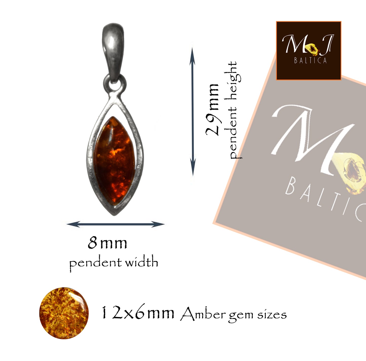 MJ Baltica, pendant, natural Baltic amber, 925 silver, handcrafted, delicate, BW148