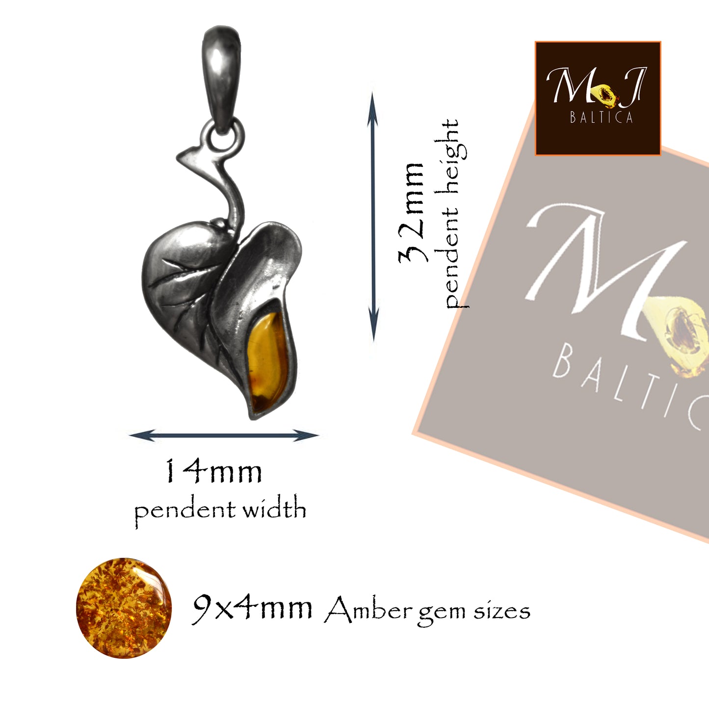 MJ Baltica, pendant, natural Baltic amber, 925 silver, leaf, handcrafted, delicate, BW150