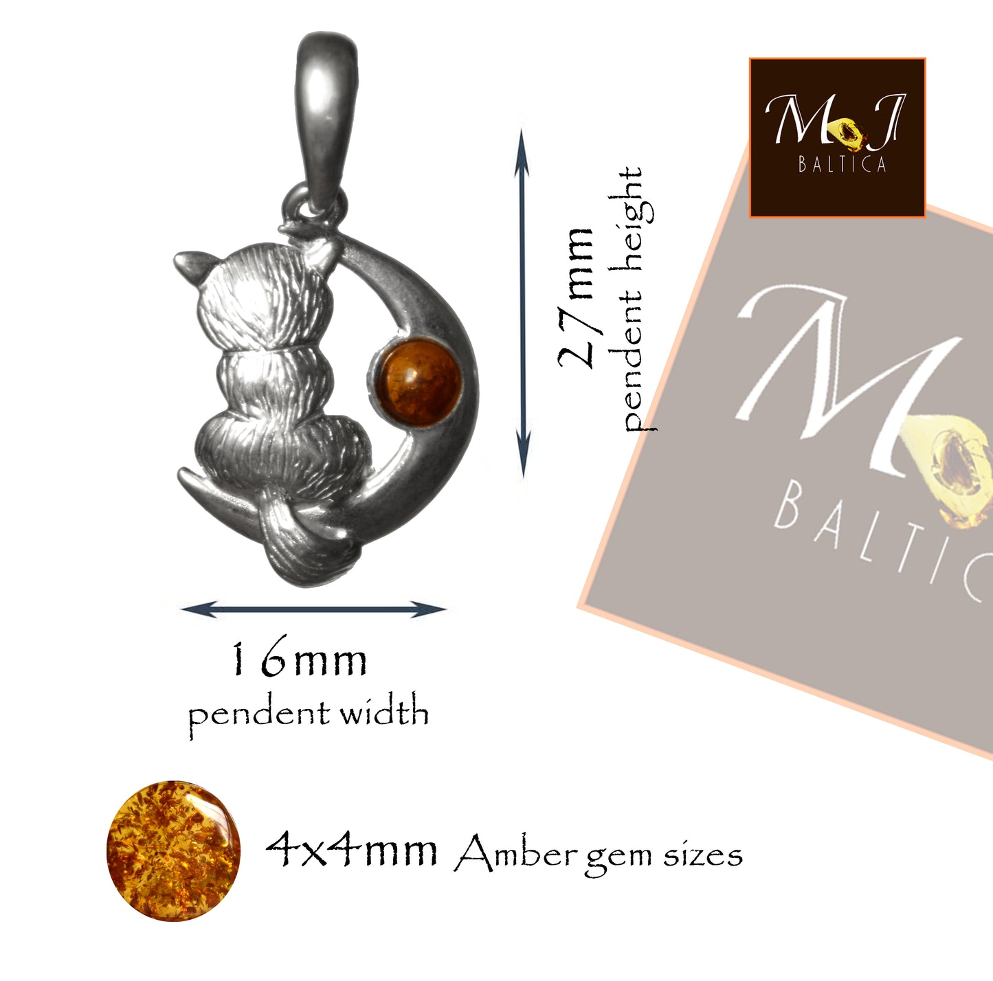 MJ Baltica, pendant, natural Baltic amber, 925 silver, cat, moon, handcrafted, delicate, BW151