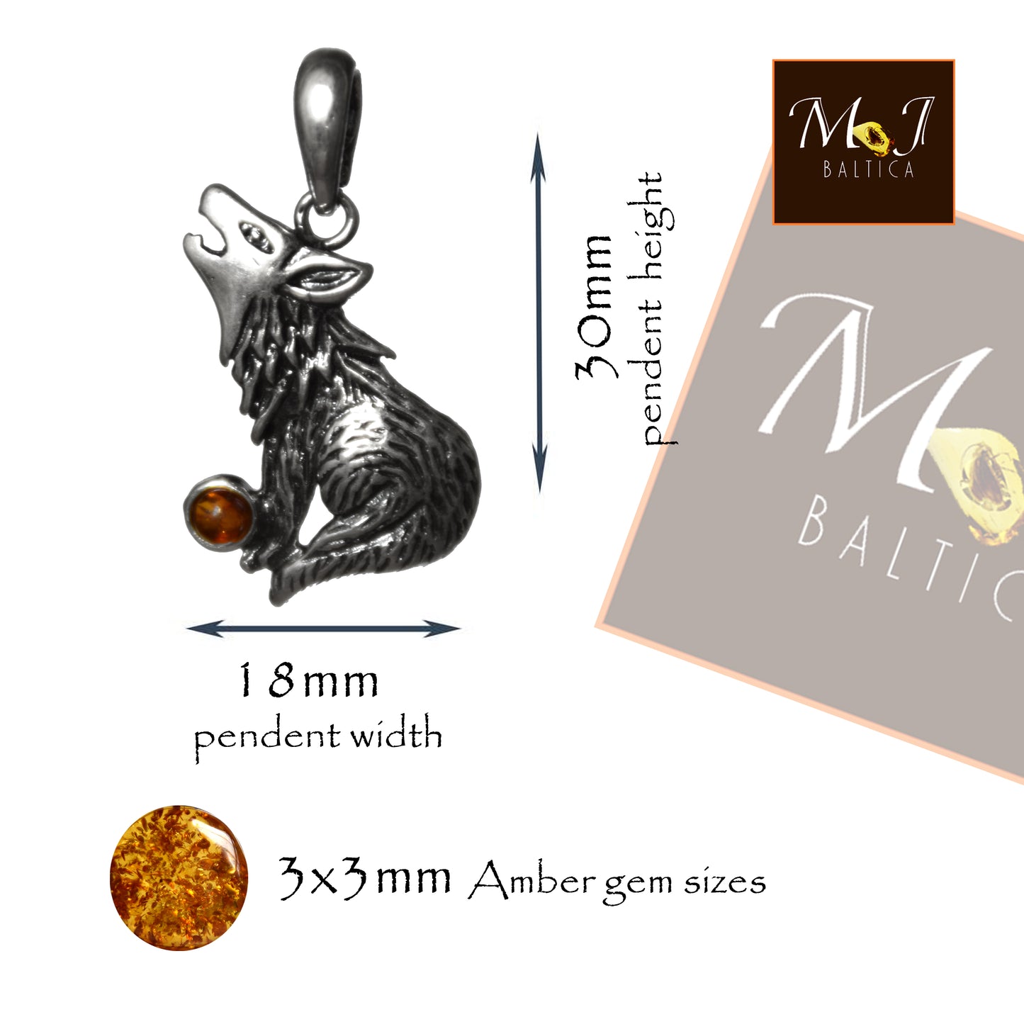 MJ Baltica, pendant, natural Baltic amber, 925 silver, wolf, handcrafted, delicate, BW152