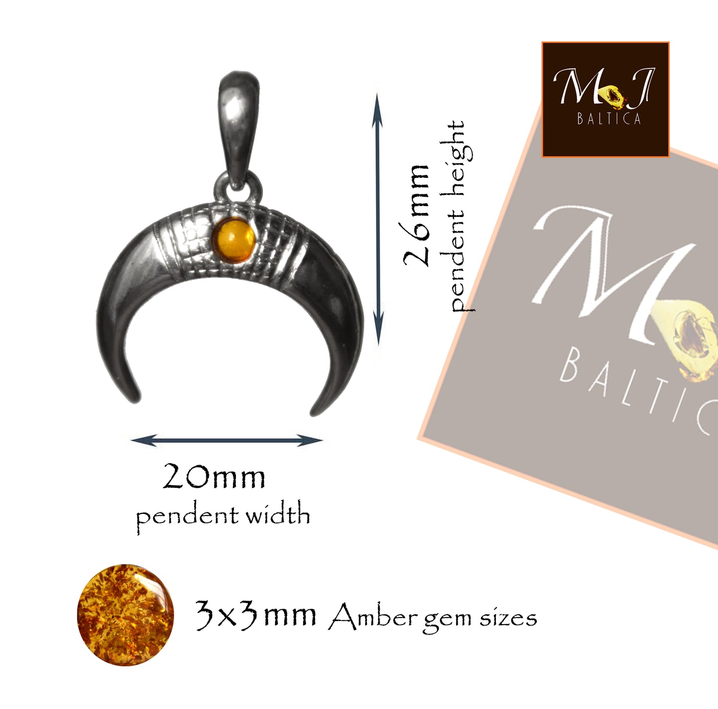 MJ Baltica, pendant, natural Baltic amber, 925 silver, moon, india, handcrafted, delicate, BW153