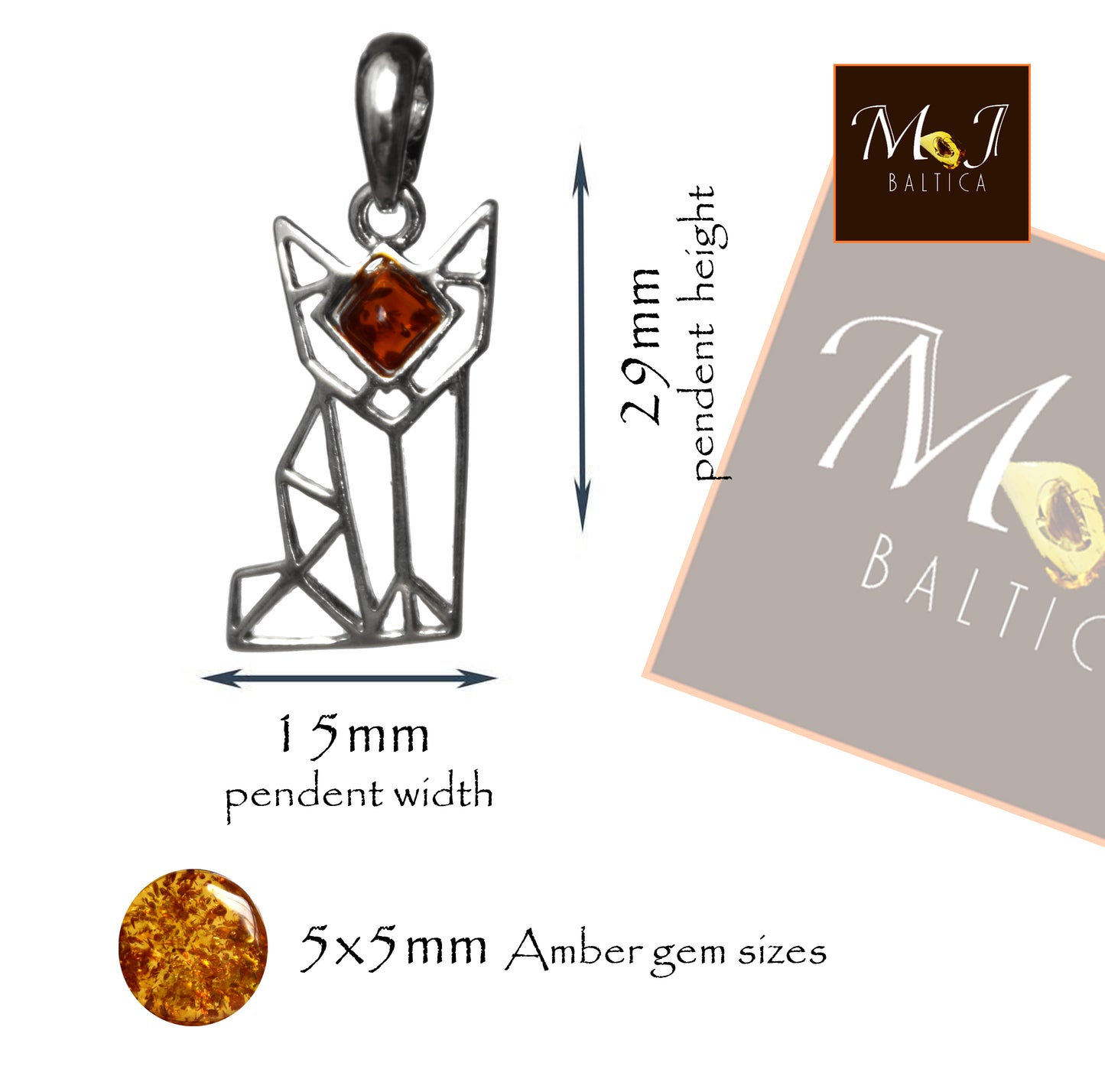 MJ Baltica, pendant, natural Baltic amber, 925 silver, cat, handcrafted, delicate, BW155