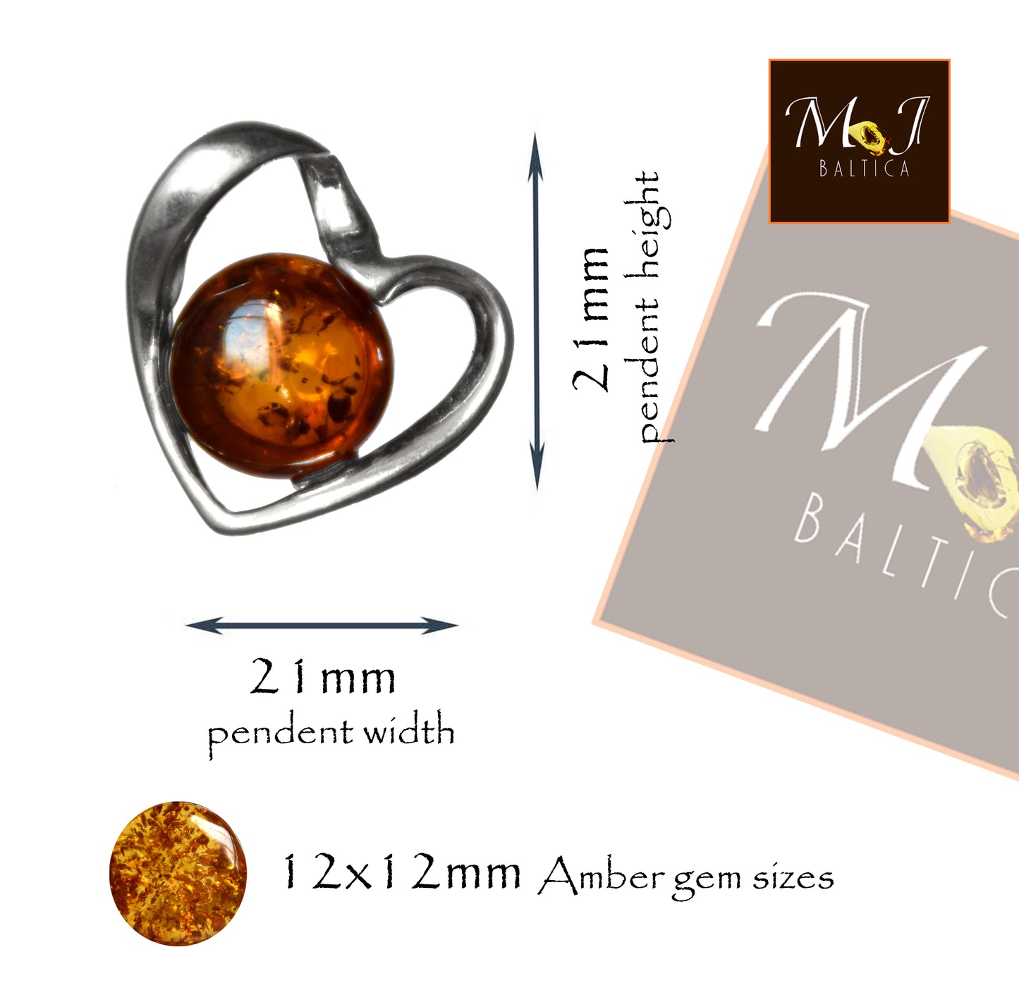 MJ Baltica, pendant, natural Baltic amber, Argent0 925, heart, abstract, handcrafted, delicate, BW156