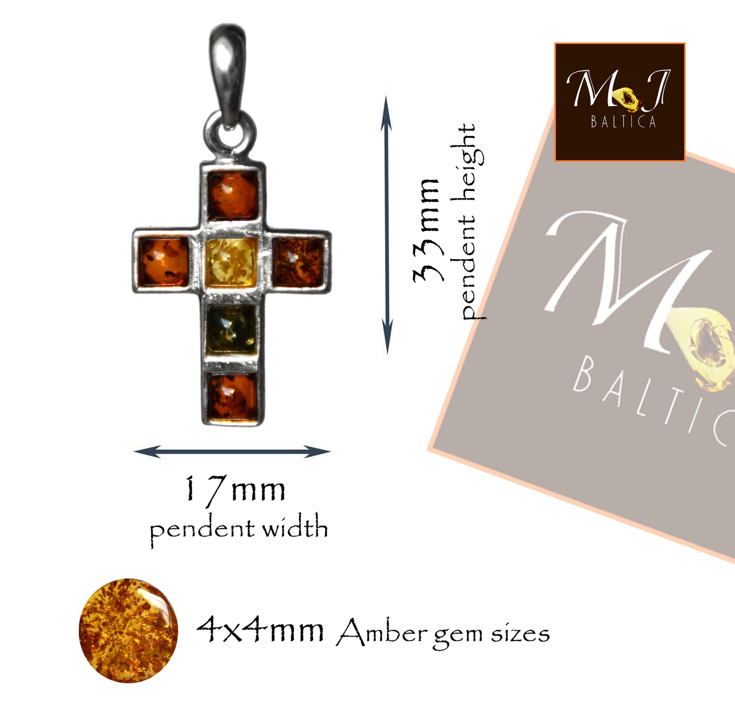 MJ Baltica, pendant, natural Baltic amber, 925 silver, cross, handcrafted, unisex, BW158