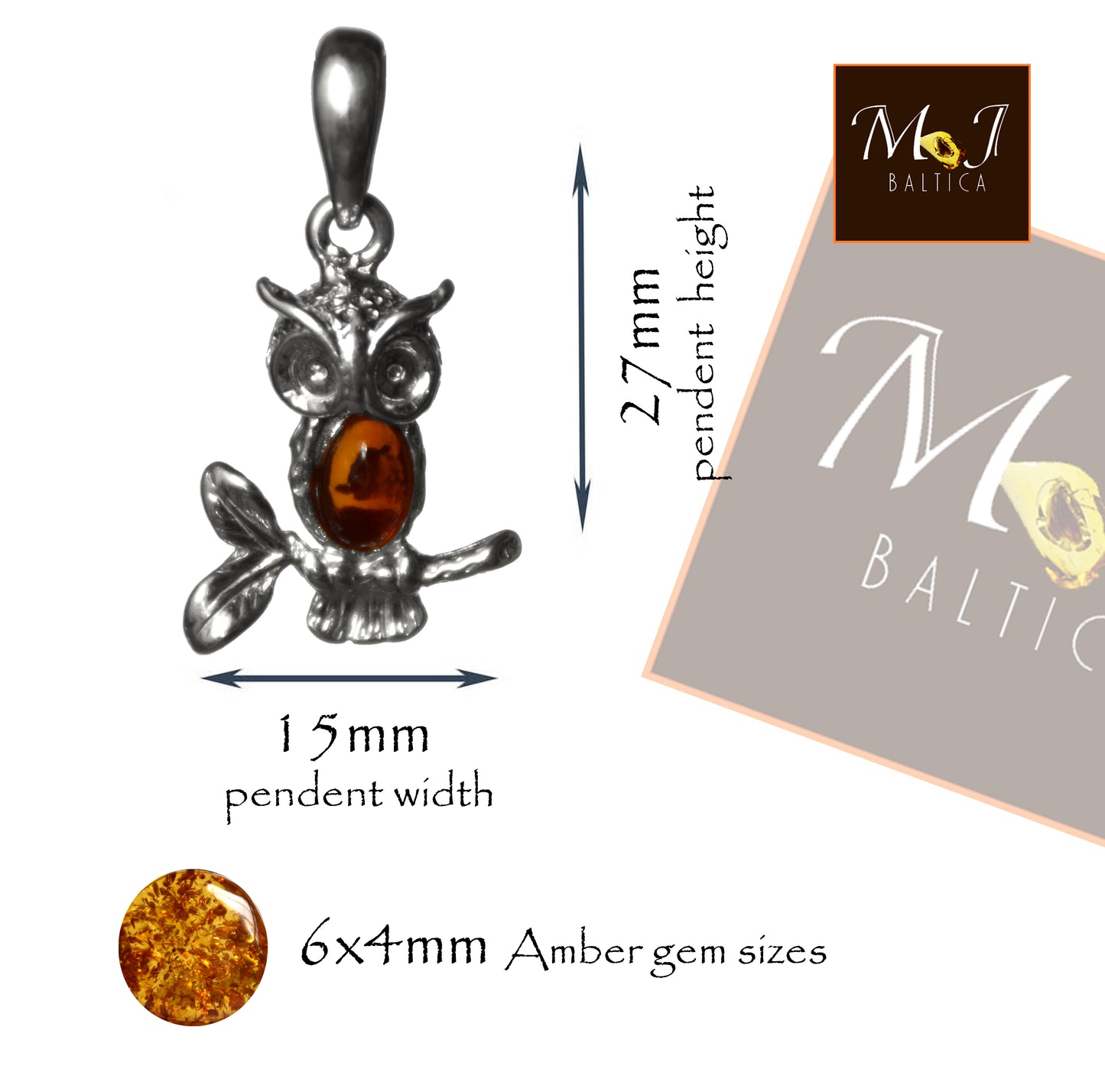 MJ Baltica, pendant, natural Baltic amber, 925 silver, owl, handcrafted, delicate, BW159