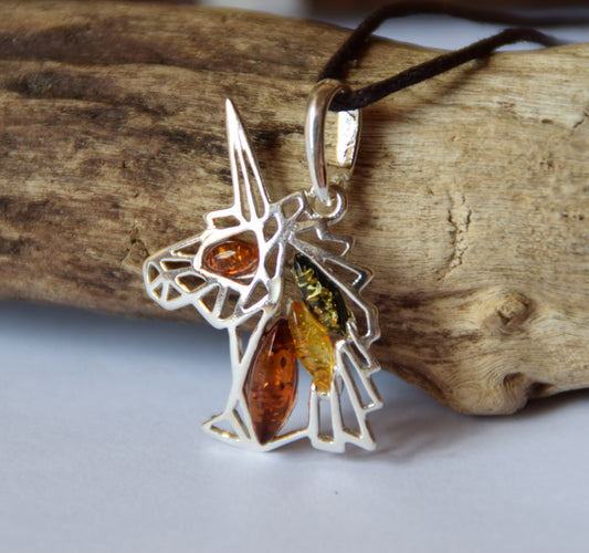 MJ Baltica, pendant, natural Baltic amber, 925 silver, unicorn, handcrafted, lucky charm, BW175