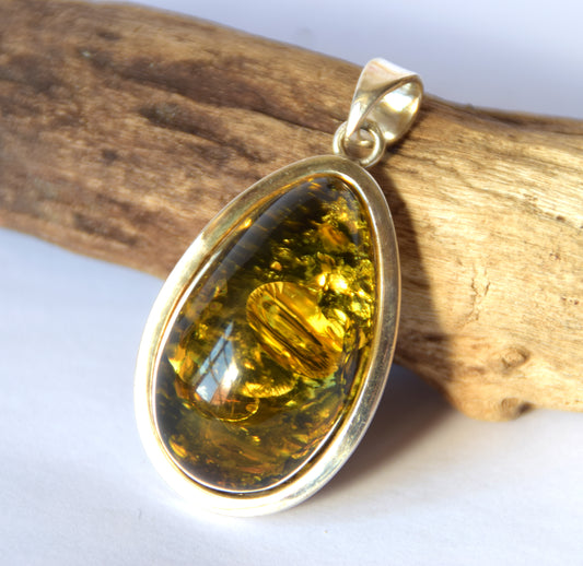 MJ Baltica, pendant, natural Baltic amber, 925 silver, large, unique, green, handcrafted, BW200