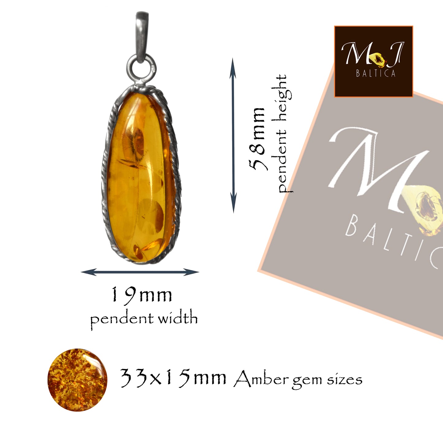 MJ Baltica, pendant, natural Baltic amber, 925 silver, large, unique, handcrafted, BW202