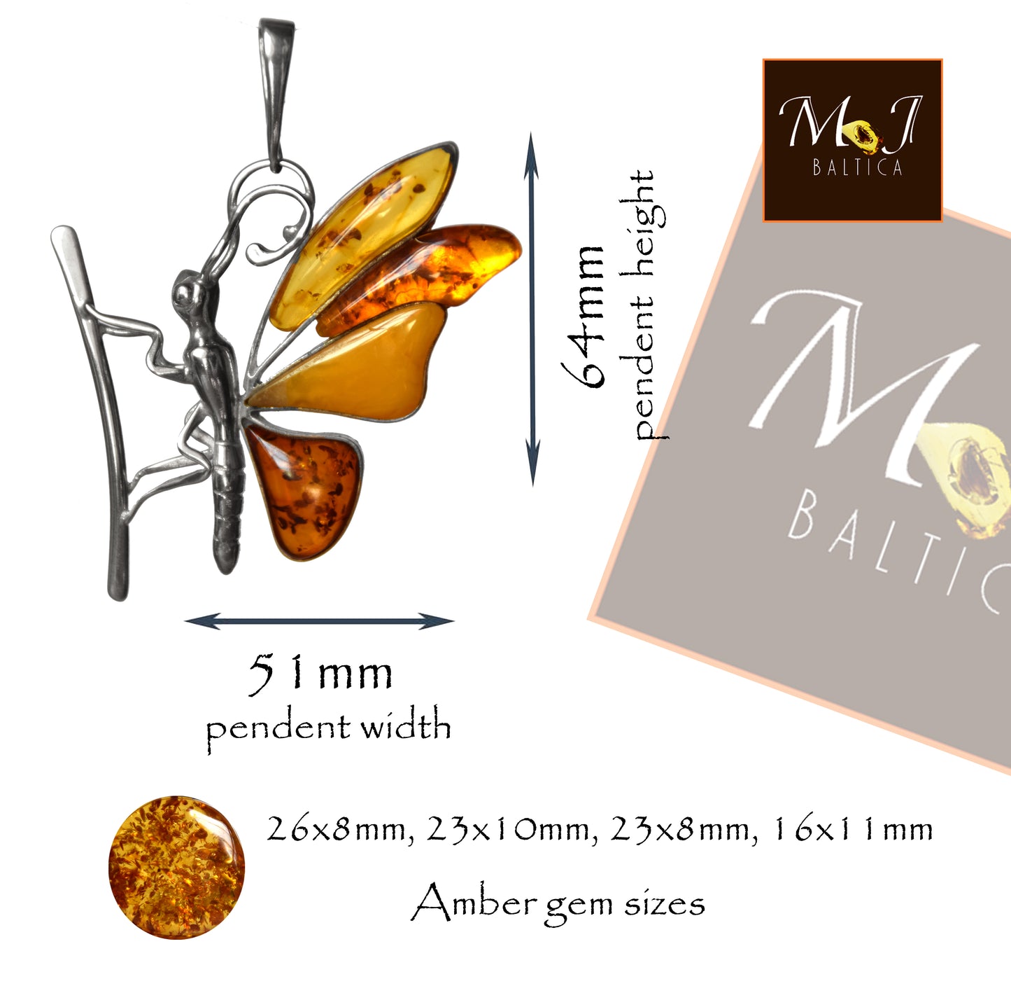 MJ Baltica, pendant, natural Baltic amber, 925 silver, butterfly, large, gorgeous, handcrafted, BW204