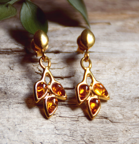 MJ Baltica, earrings, natural Baltic Amber, Silver, 14k Gold plated, leaf, pendant, sweet BZK019