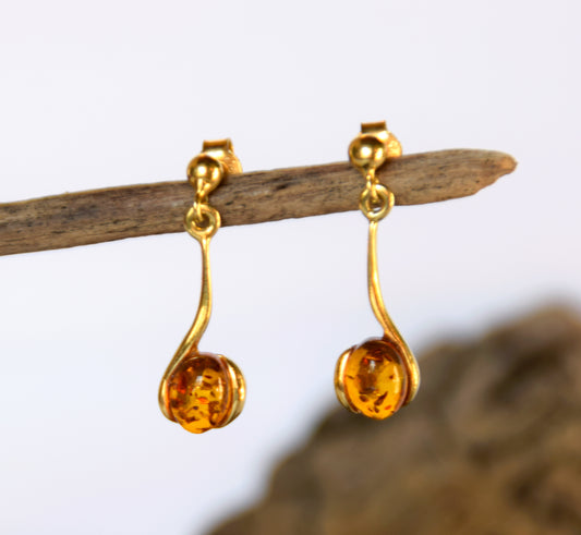 MJ Baltica, earrings, natural Baltic Amber, 925 Silver, 14k Gold plated, pendants, luminous, fine, BZK053