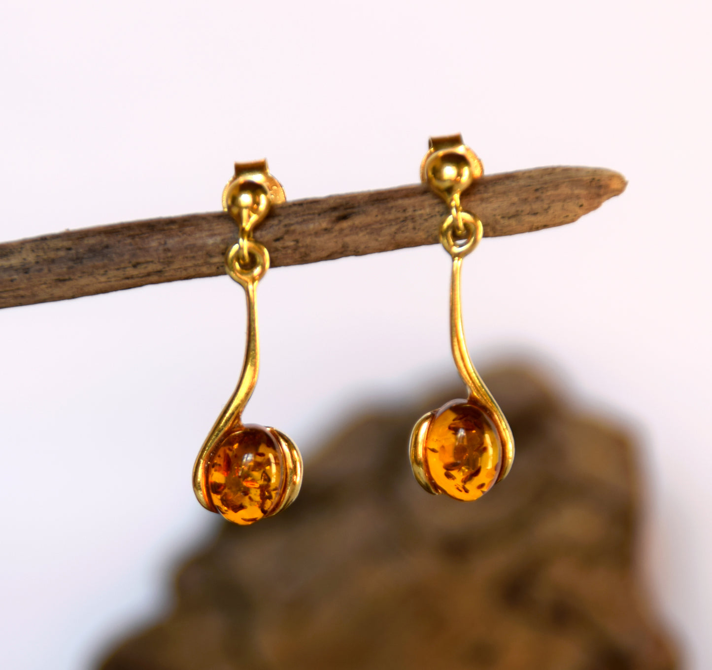 MJ Baltica, earrings, natural Baltic Amber, 925 Silver, 14k Gold plated, pendants, luminous, fine, BZK053