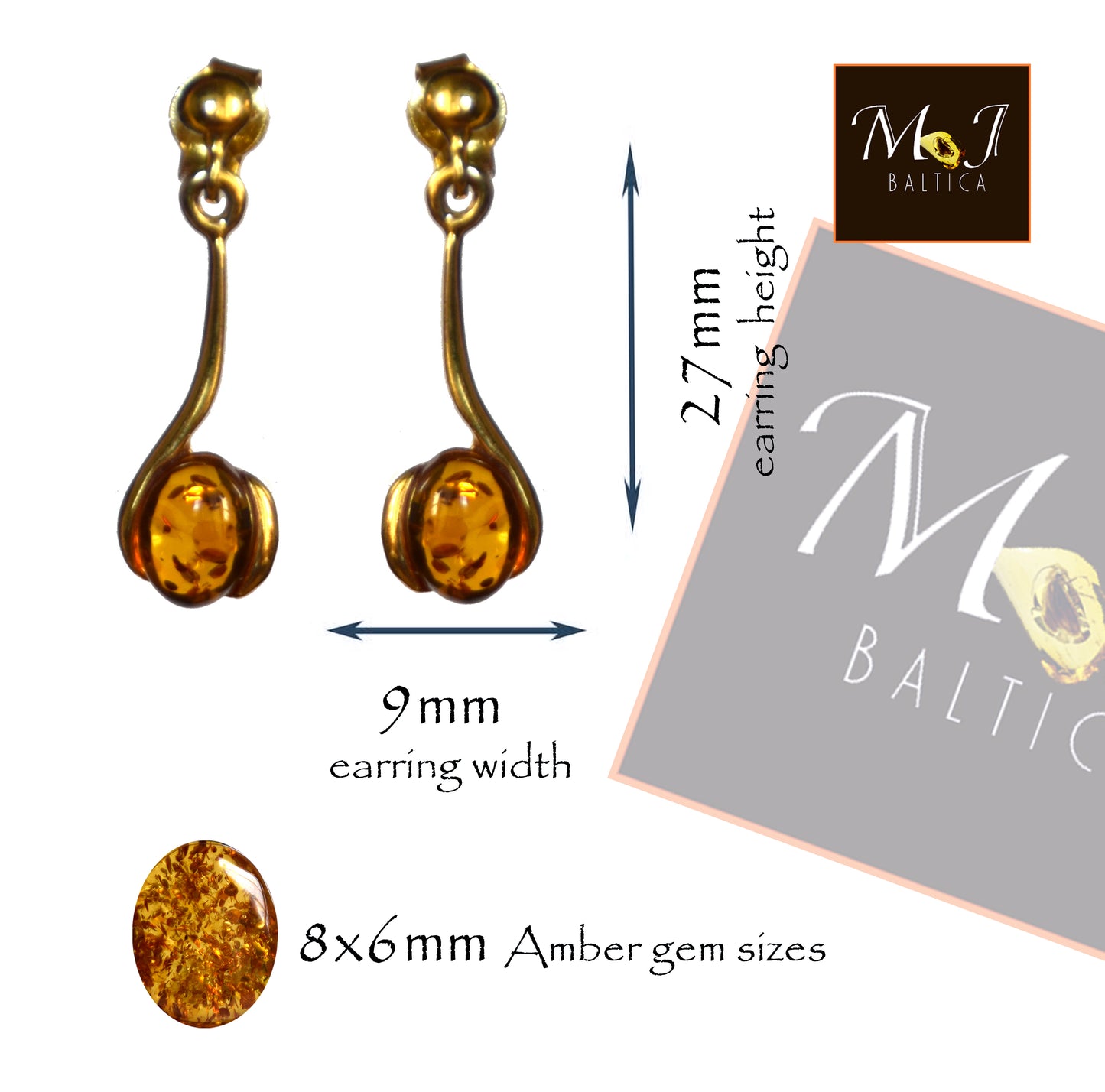 MJ Baltica, orecchini, Ambra naturale Baltica, Argento 925, placcato in Oro 14k, pendende, luminoso, fine, BZK053