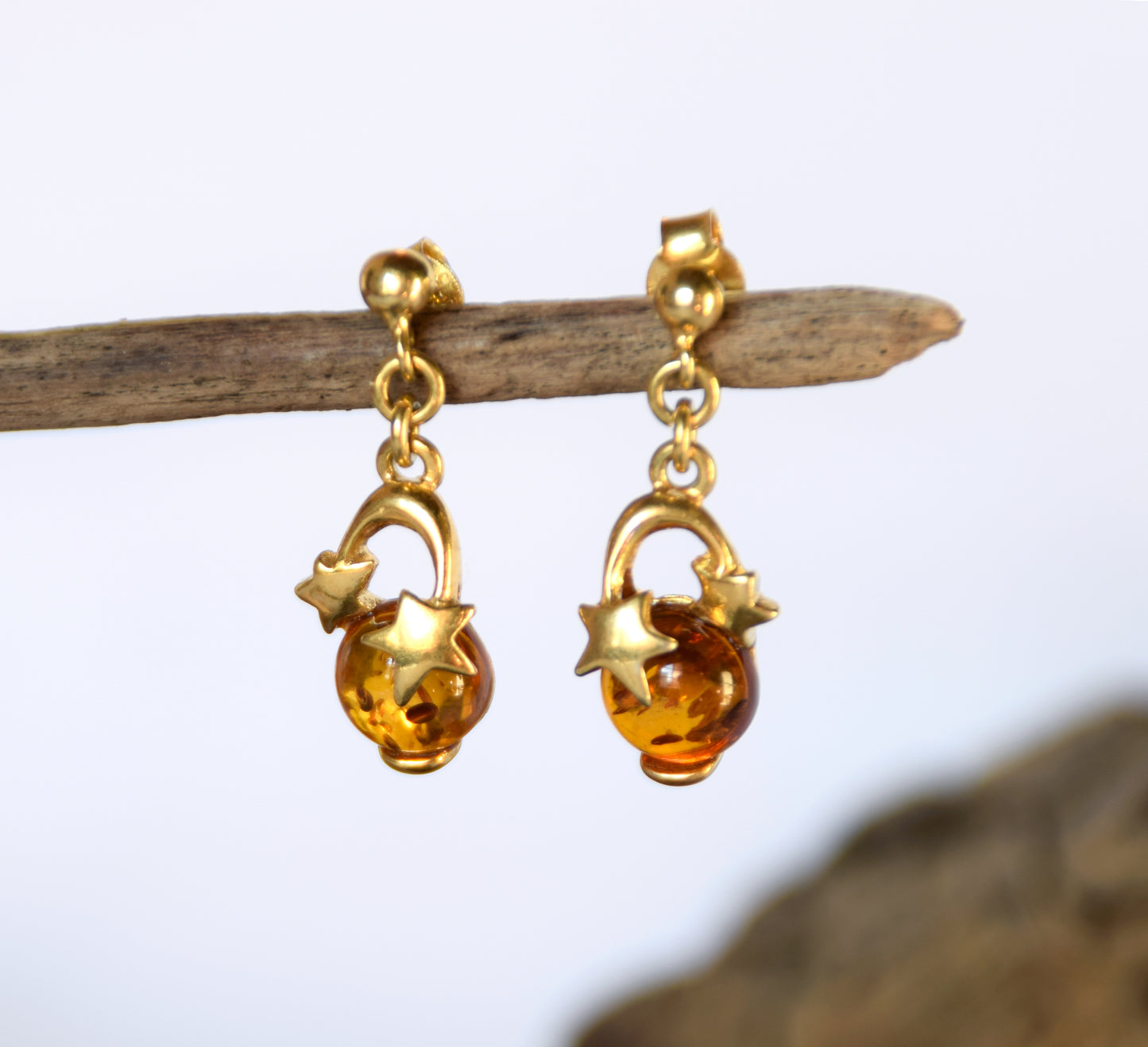 MJ Baltica, earrings, natural Baltic Amber, 925 Silver, 14k Gold plated, stars, shiny, BZK054