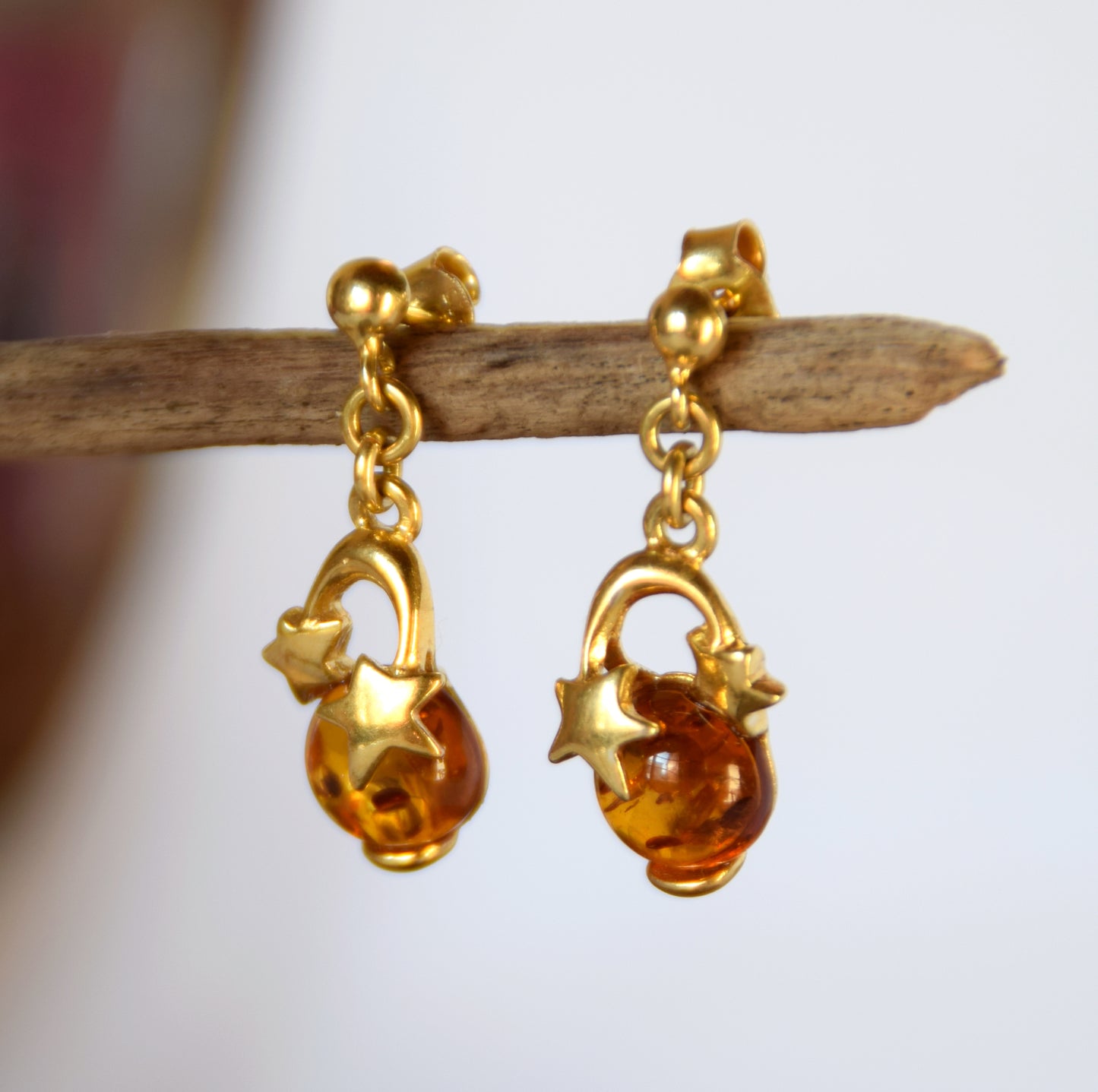 MJ Baltica, earrings, natural Baltic Amber, 925 Silver, 14k Gold plated, stars, shiny, BZK054