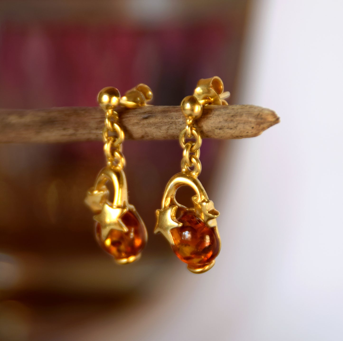 MJ Baltica, earrings, natural Baltic Amber, 925 Silver, 14k Gold plated, stars, shiny, BZK054