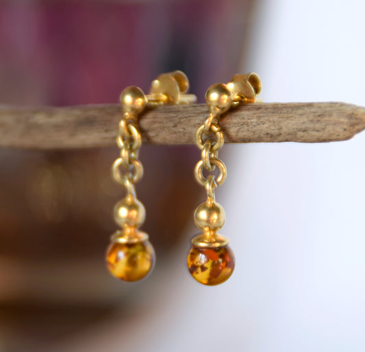 MJ Baltica, earrings, natural Baltic Amber, 925 Silver, 14k Gold plated, sphere, light, delicate, BZK056