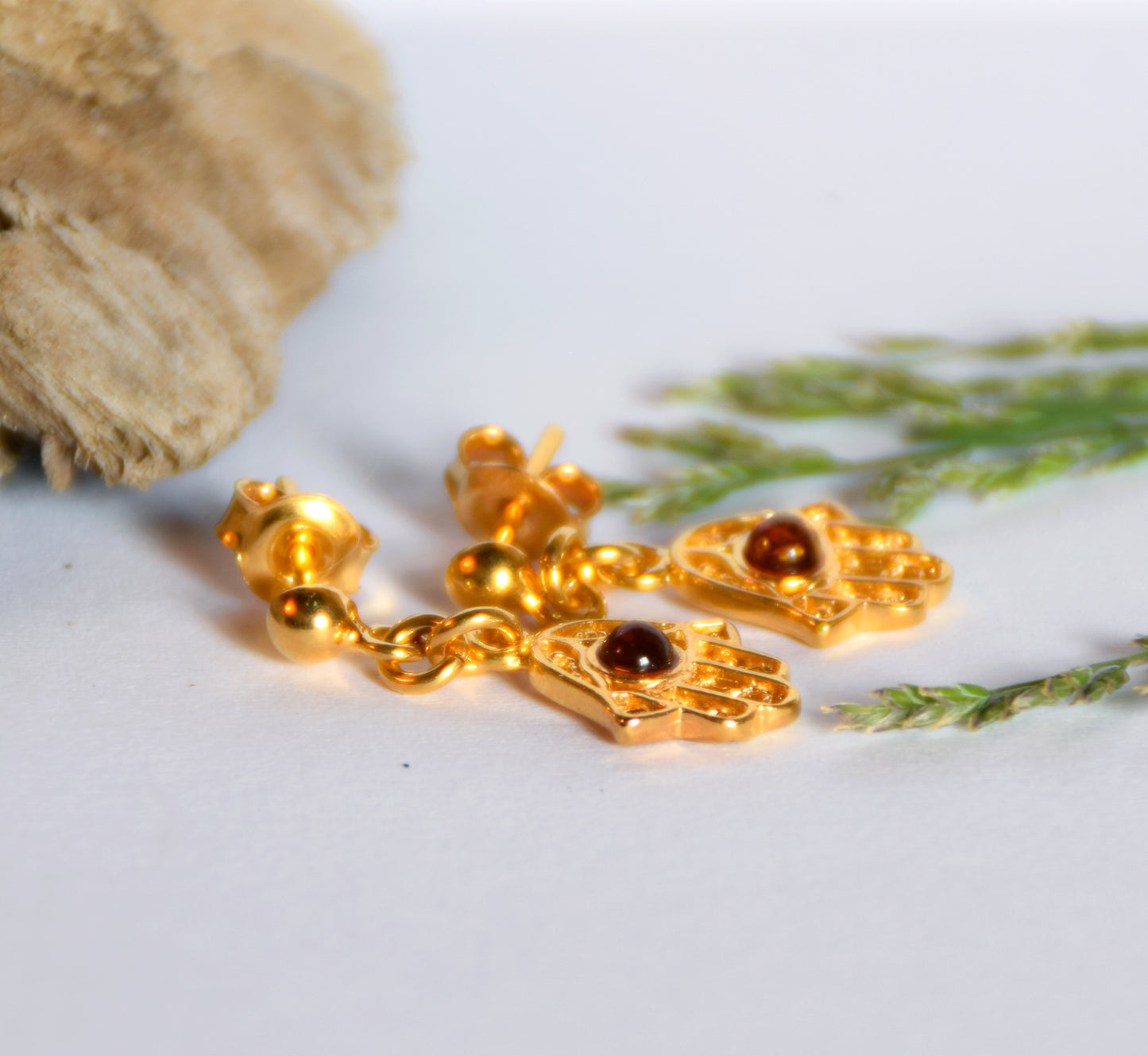 MJ Baltica, earrings, natural Baltic Amber, 925 Silver, 14k Gold plated, hand of Fatima, handcrafted, filigree, BZK061