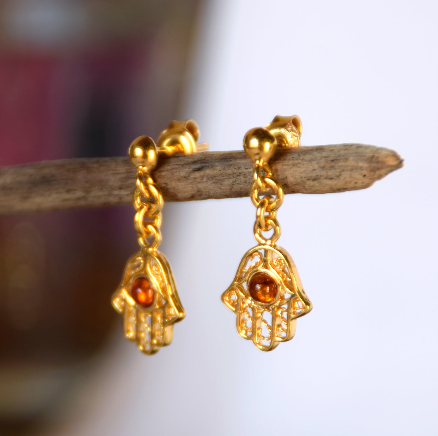 MJ Baltica, earrings, natural Baltic Amber, 925 Silver, 14k Gold plated, hand of Fatima, handcrafted, filigree, BZK061