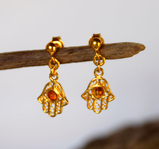 MJ Baltica, earrings, natural Baltic Amber, 925 Silver, 14k Gold plated, hand of Fatima, handcrafted, filigree, BZK061