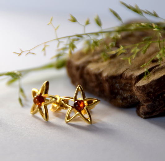 MJ Baltica, earrings, natural Baltic Amber, 925 Silver, 14k Gold plated, star, handcrafted, BZK066