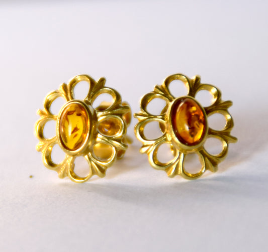 MJ Baltica, earrings, natural Baltic Amber, 925 Silver, 14k Gold plated, vintage, elegant, handcrafted, BZK073